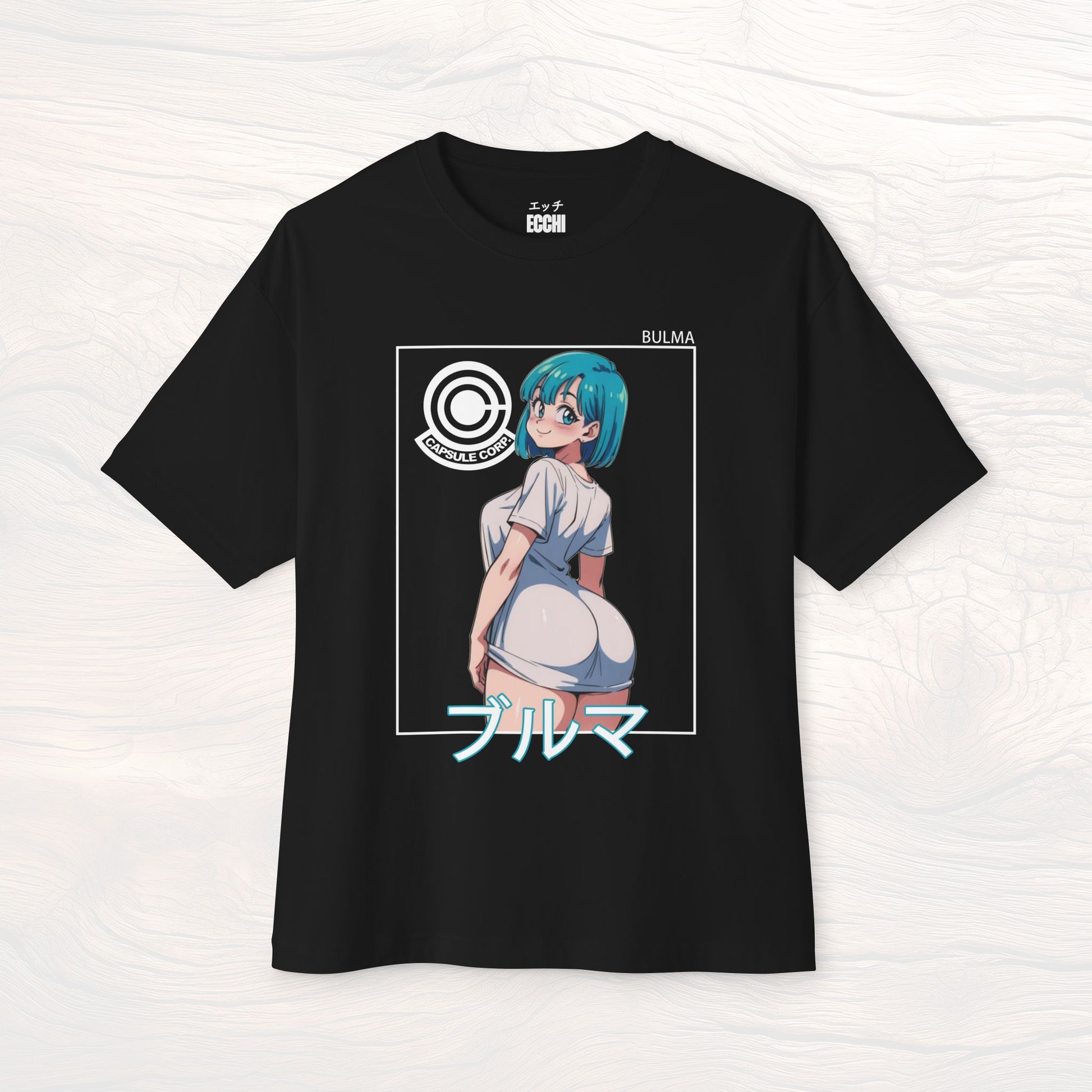 A picture of the front of a black anime shirt featuring Bulma from Dragon Ball Z. This stylish anime graphic tee showcases a sexy waifu design, perfect for fans of anime clothes and collectors of anime waifu merchandise.