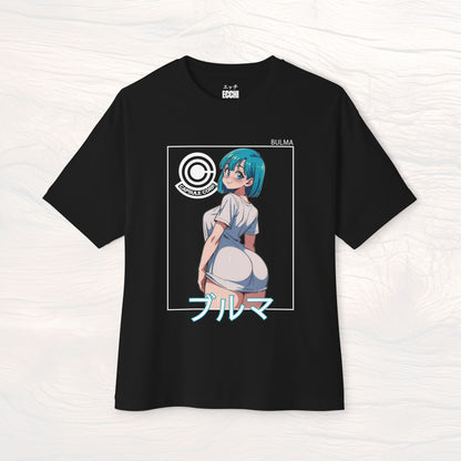 A picture of the front of a black anime shirt featuring Bulma from Dragon Ball Z. This stylish anime graphic tee showcases a sexy waifu design, perfect for fans of anime clothes and collectors of anime waifu merchandise.