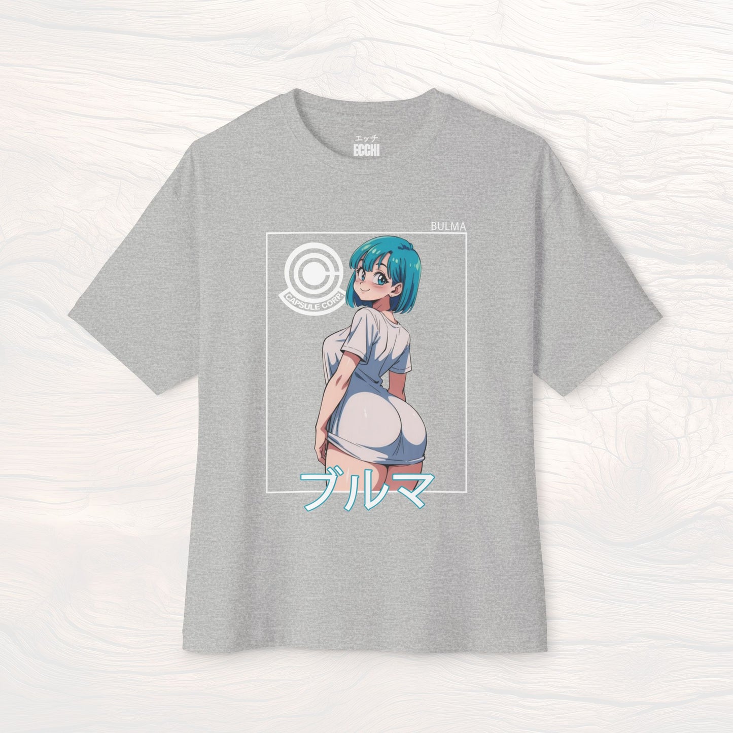 A picture of the front of a grey anime shirt featuring Bulma from Dragon Ball Z. This stylish anime graphic tee showcases a sexy waifu design, perfect for fans of anime clothes and collectors of anime waifu merchandise.