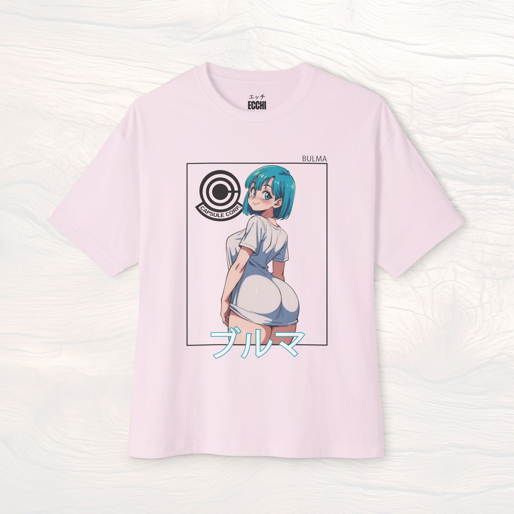 A picture of the front of a pink anime shirt featuring Bulma from Dragon Ball Z. This stylish anime graphic tee showcases a sexy waifu design, perfect for fans of anime clothes and collectors of anime waifu merchandise.