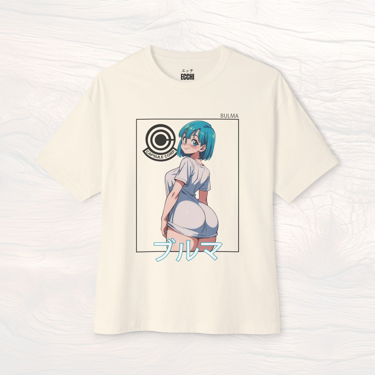 A picture of the front of a tan anime shirt featuring Bulma from Dragon Ball Z. This stylish anime graphic tee showcases a sexy waifu design, perfect for fans of anime clothes and collectors of anime waifu merchandise.