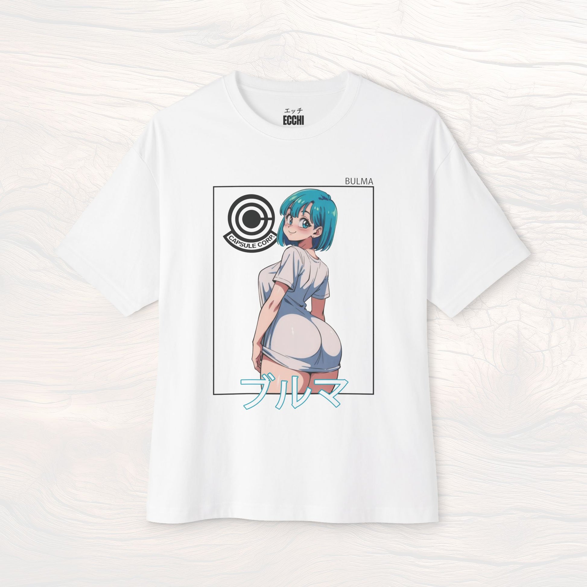 A picture of the front of a white anime shirt featuring Bulma from Dragon Ball Z. This stylish anime graphic tee showcases a sexy waifu design, perfect for fans of anime clothes and collectors of anime waifu merchandise.