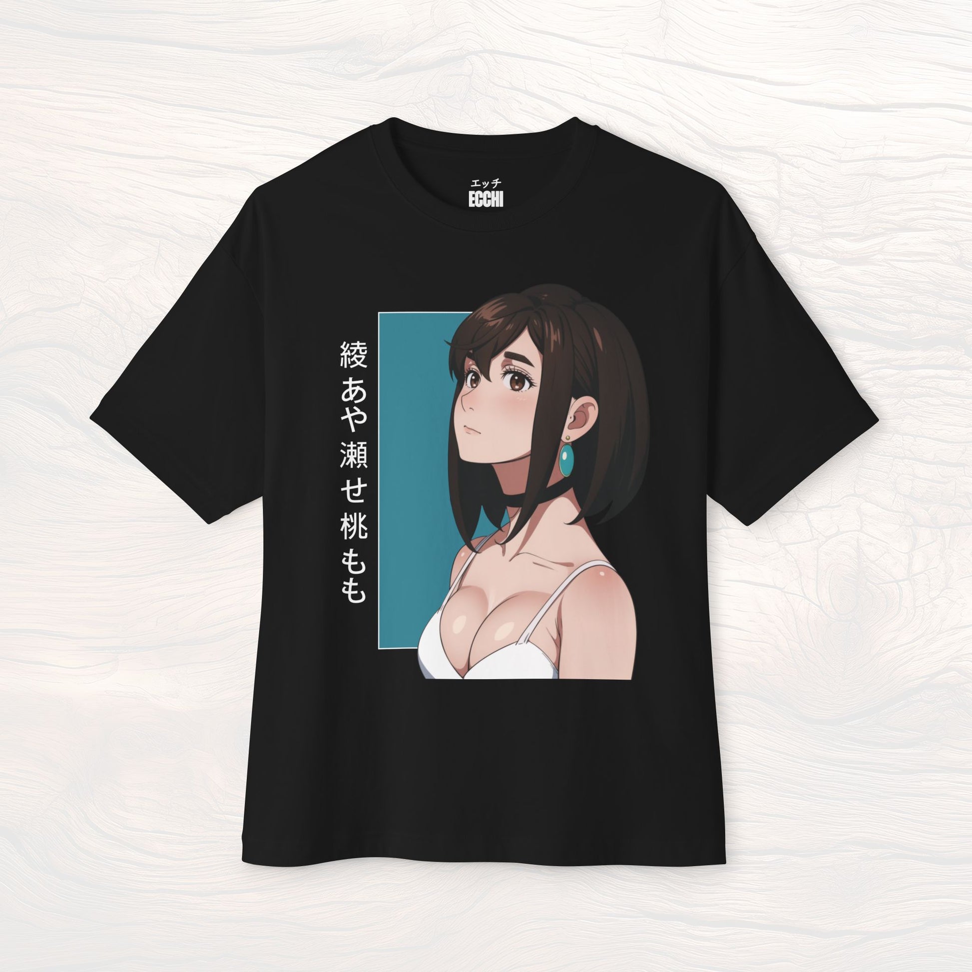 A picture of the front of a black anime shirt featuring Momo Ayase from Dandadan. This stylish anime graphic tee showcases a sexy waifu design, perfect for fans of anime clothes and collectors of anime waifu merchandise.