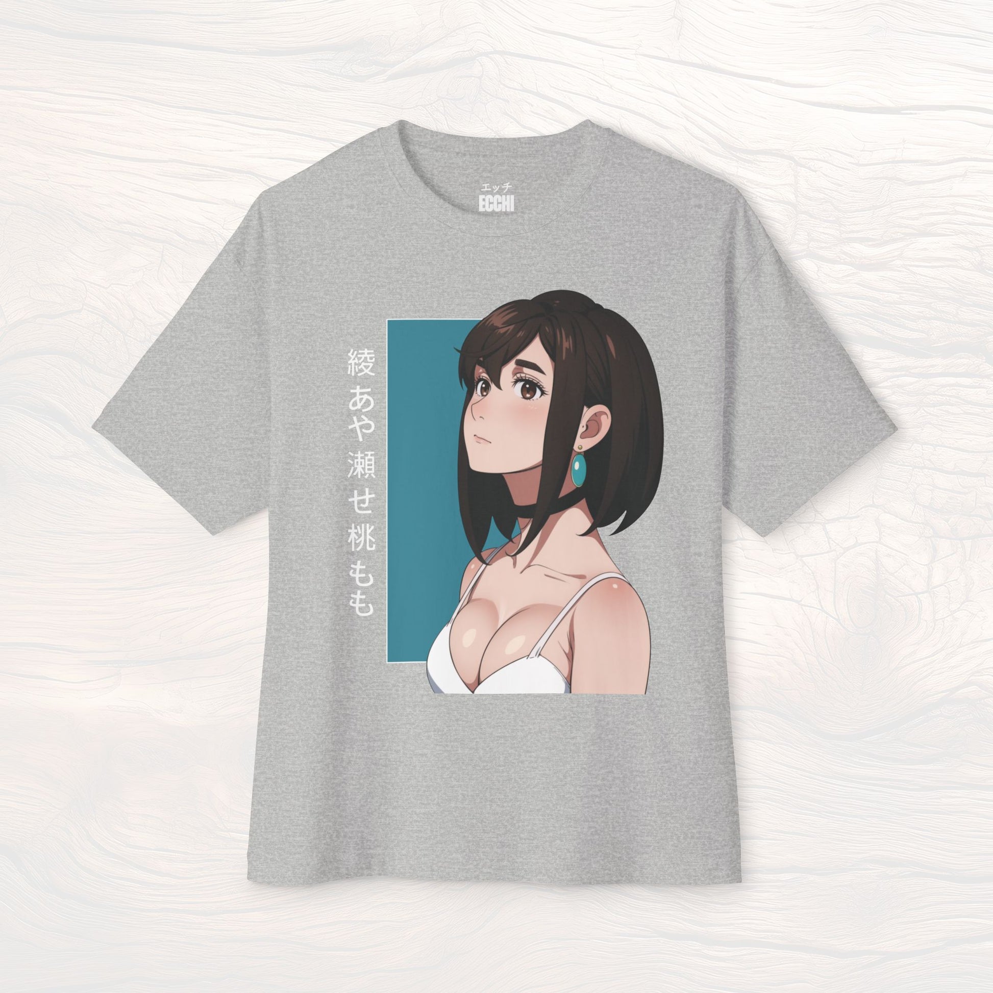 A picture of the front of a grey anime shirt featuring Momo Ayase from Dandadan. This stylish anime graphic tee showcases a sexy waifu design, perfect for fans of anime clothes and collectors of anime waifu merchandise.