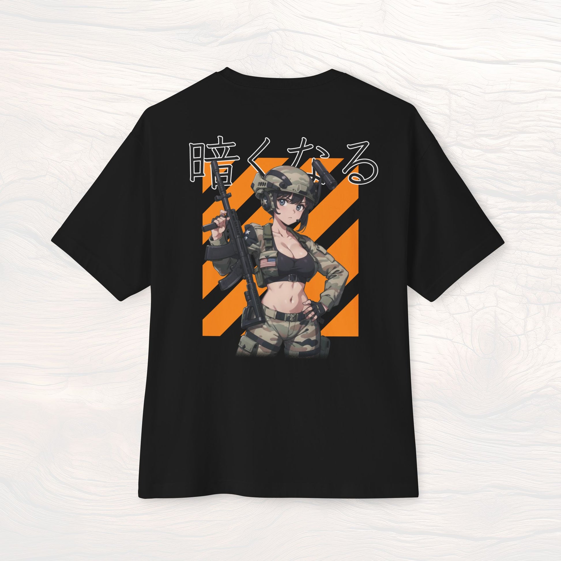 A picture of the back of a black anime shirt featuring a Waifu Operator from Call of Duty. This stylish anime graphic tee showcases a sexy waifu design, perfect for fans of anime clothes and collectors of anime waifu merchandise.