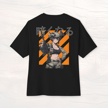 A picture of the back of a black anime shirt featuring a Waifu Operator from Call of Duty. This stylish anime graphic tee showcases a sexy waifu design, perfect for fans of anime clothes and collectors of anime waifu merchandise.